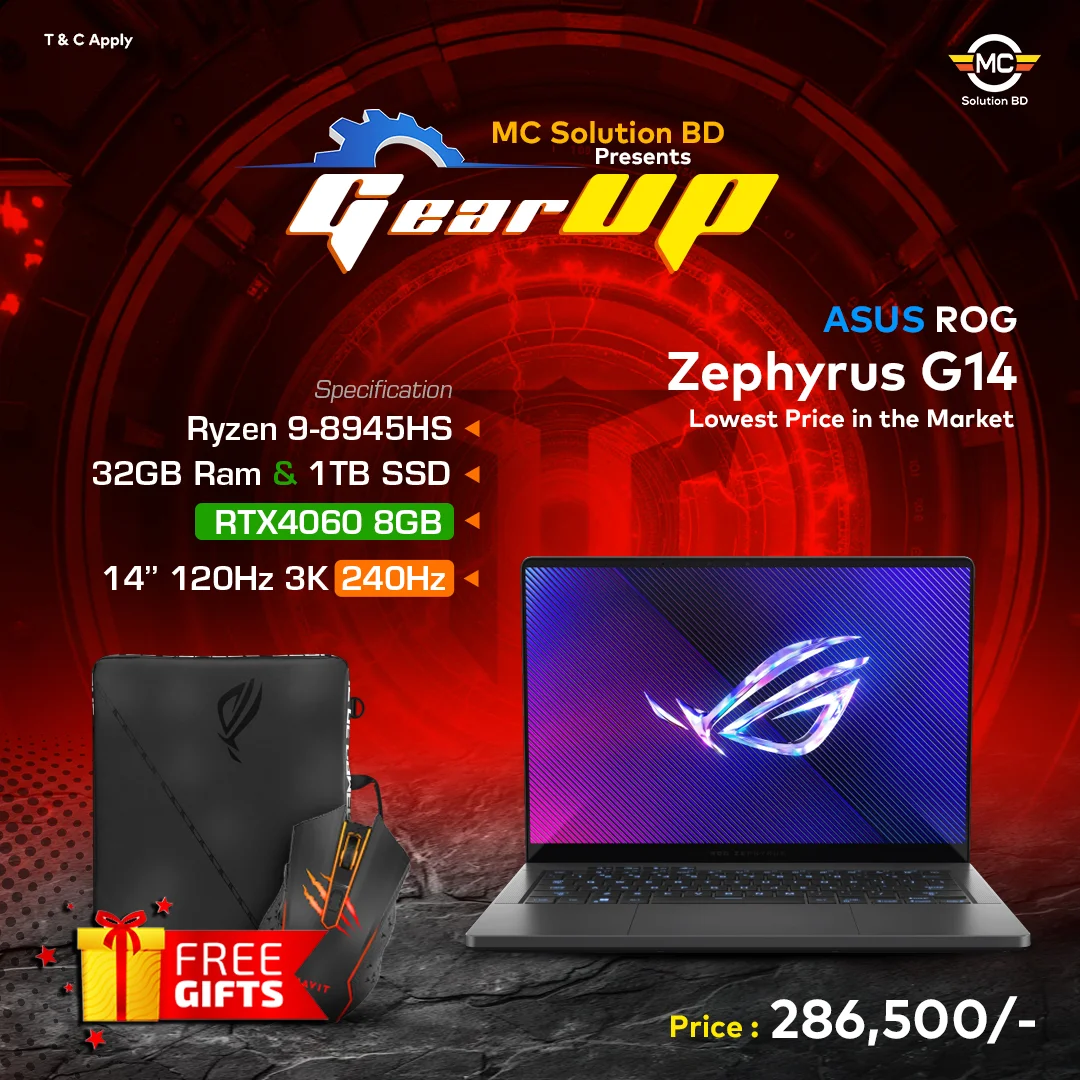 Asus ROG Zephyrus G14 GA403UV 2024 | 14″ 120Hz 3K OLED | ROG Nebula Display | AMD Ryzen™ 9 8945HS | 32GB Ram | 1TB SSD | RTX™ 4060 8GB GDDR6 | W11 | GRY