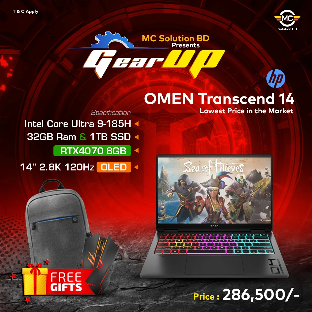 HP OMEN Transcend 14-fb0039TX | 14″ 2.8K OLED 120Hz | 14th Gen Intel Core Ultra 9 185H | 32GB | 1TB SSD | RTX4070 8GB | W11 | HS