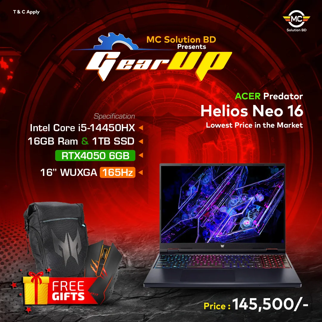 Predator Helios Neo 16 52TR | 16″ WUXGA 165Hz | 14th Gen i5-14450HX | 16GB DDR5 | 1TB SSD | RTX4050 6GB