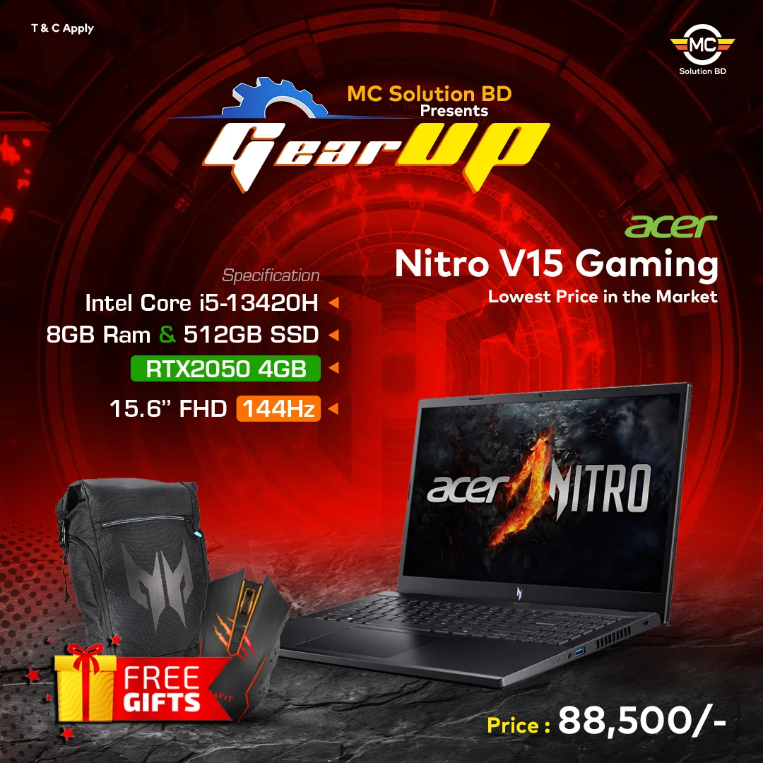Acer Nitro V 15 ANV15-51-57 Gaming Laptop 2023 | 15.6″ FHD 144Hz | 13th Gen i5-13420H | 8GB DDR5 | 512GB SSD | RTX2050 4GB | W11