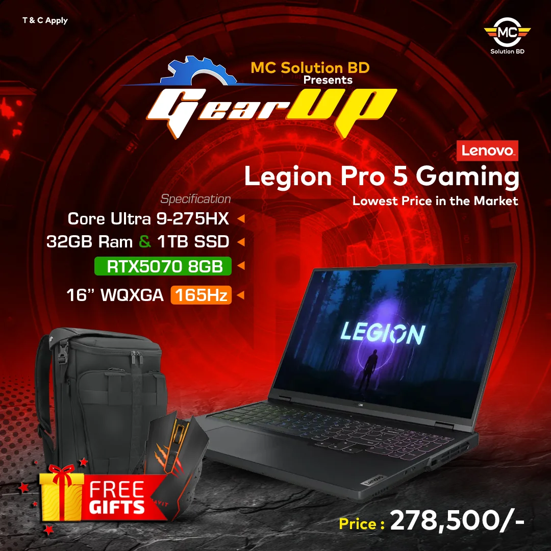 Legion Pro 5 2PMJ | 16″ WQXGA 165hz | CU9-275HX | 32GB DDR5 | 1TB SSD | RTX5070 8GB | W11