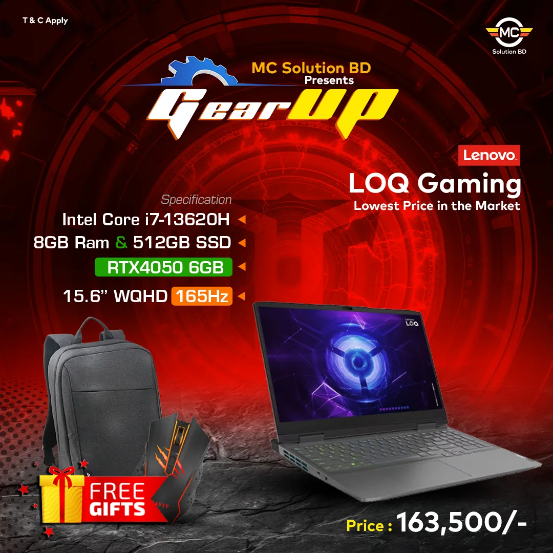 Lenovo LOQ 15IRH8 82XV0079MJ Gaming Laptop | 15.6” WQHD 165Hz | 13th Gen Intel Core i7-13620H | 8GB DDR5 |  512GB SSD | NVIDIA GeForce RTX4050 6GB | W11 |  Storm Grey