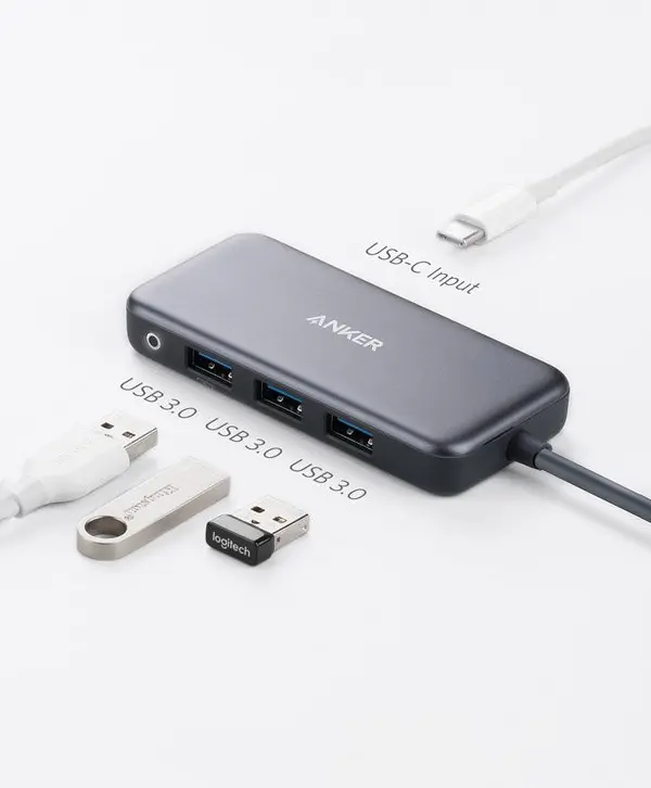 Anker Premium 4-in-1 USB-C Hub USB-C port with 1 USB-C charging port | 1 USB-A charging & data port | 1 USB-A data port 5 Anker Premium 4-in-1 USB-C Hub