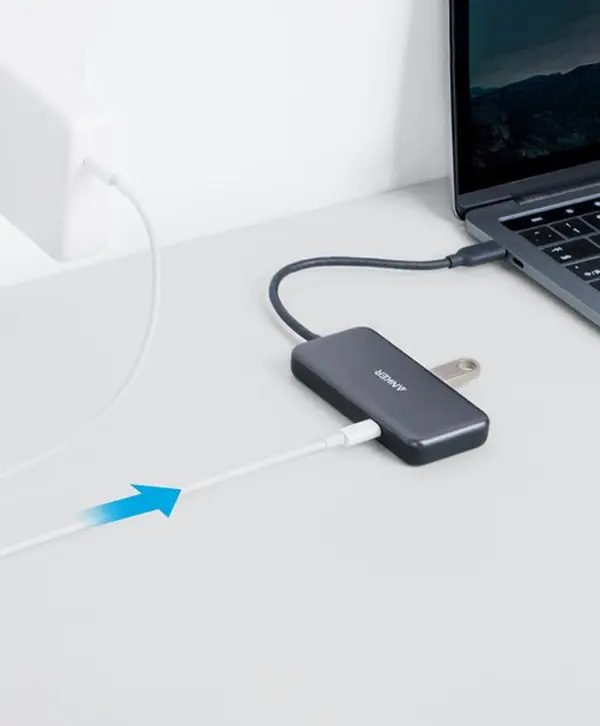 Anker Premium 4-in-1 USB-C Hub USB-C port with 1 USB-C charging port | 1 USB-A charging & data port | 1 USB-A data port 6 Anker Premium 4-in-1 USB-C Hub