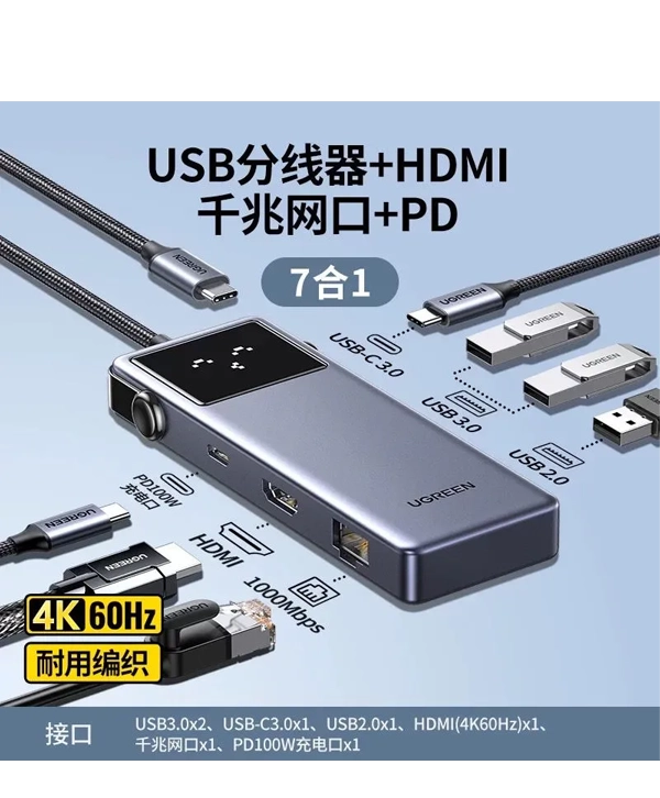 UGREEN QPai Pro 7-in-1 USB-C Hub 4K@60Hz HDMI PD100W Port (45155)