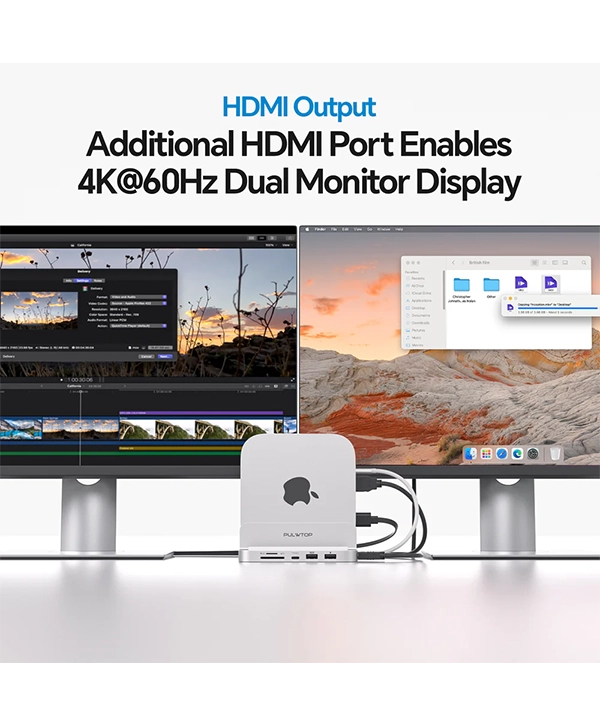 PULWTOP Mac Mini M4 Dock and Stand (9-in-1, M.2 SSD case, HDMI 4K, 10Gbps）