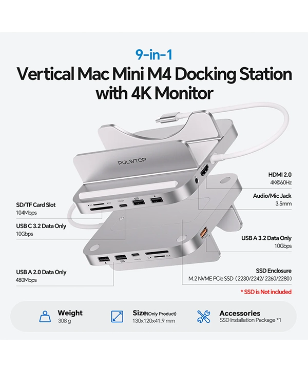 PULWTOP Mac Mini M4 Dock and Stand (9-in-1, M.2 SSD case, HDMI 4K, 10Gbps）