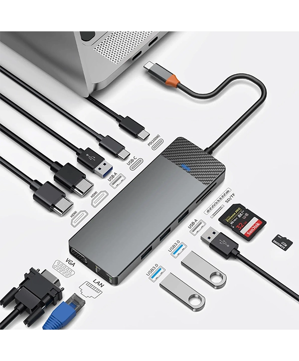 WiWU Linker 12 in 1 Type C hub USB C Docking Station for Macbook with HDMI SDTF card reader VGA LAN PD100W 3