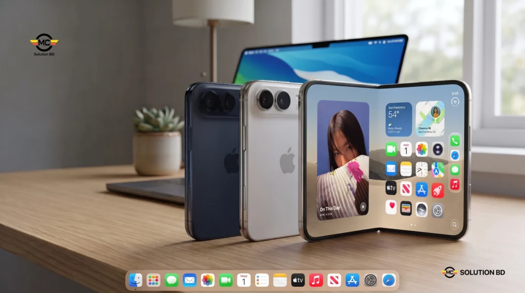 Apple iPhone Duo foldable iPhone unfolded showing Home Screen on a marble desk setup