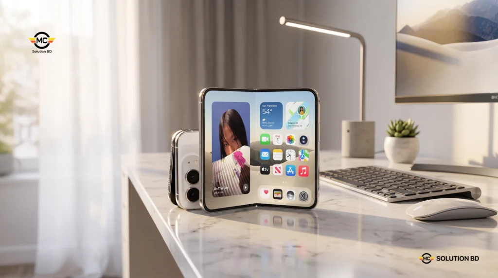 Apple iPhone Duo foldable iPhone standing beside two regular iPhone models for size comparison